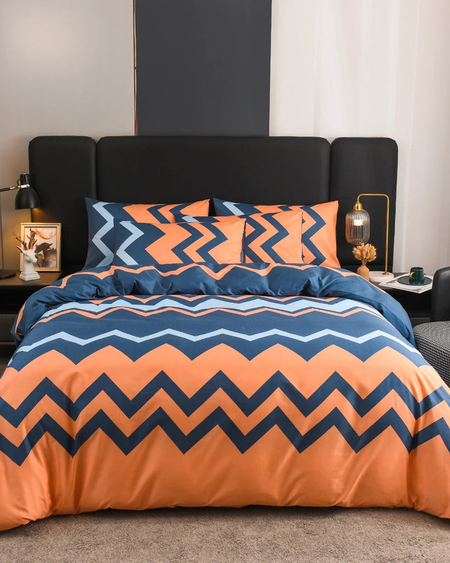 Geometryczny Zestaw Poszewek na Kołdrę 200x220 – Niebiesko-Pomarańczowy Styl Retro z Miękkiego Materiału 0