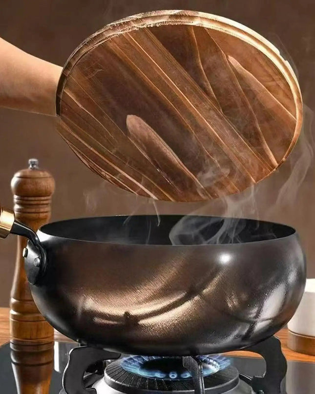 Głęboka żeliwna patelnia wok z pokrywką – powierzchnia nieprzywierająca do gotowania indukcyjnego i wszechstronnego przygotowywania posiłków 0