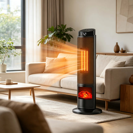 Grzejnik elektryczny wieżowy 1500W z termostatem, efektem płomienia, w kolorze czarnym 1