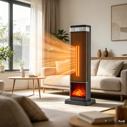 Grzejnik elektryczny wieżowy 1500W z termostatem, efektem płomienia, w kolorze czarnym 2
