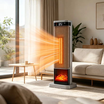 Grzejnik elektryczny wieżowy 1500W z termostatem, efektem płomienia, w kolorze czarnym 5