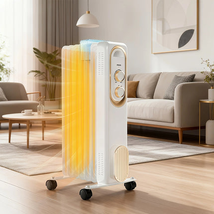 Grzejnik olejowy elektryczny 1500 W z regulowanym termostatem i kółkami, czarno-bia 2