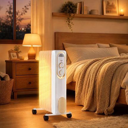Grzejnik olejowy elektryczny 1500 W z regulowanym termostatem i kółkami, czarno-bia 3