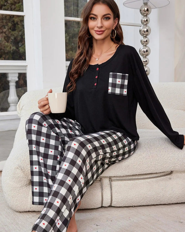 HartLuxe | Komplet piżamy damskiej w kratkę z długimi rękawami i zapięciem na guziki 0