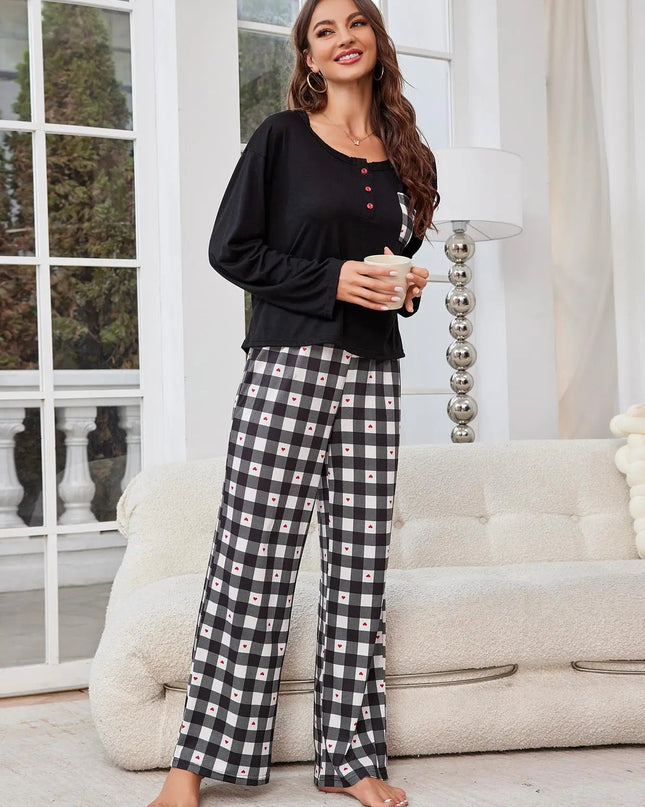 HartLuxe | Komplet piżamy damskiej w kratkę z długimi rękawami i zapięciem na guziki 1
