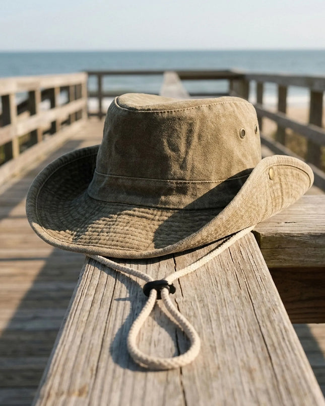 Kapelusz outdoorowy z szerokim rondem w kolorze khaki, wykonany z bawełny Prana, z regulowany 0