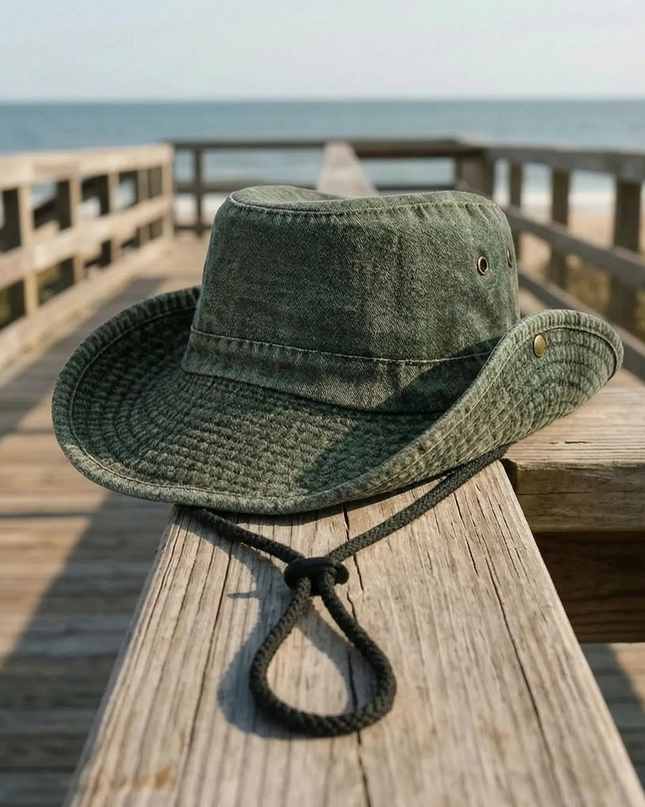 Kapelusz outdoorowy z szerokim rondem w kolorze khaki, wykonany z bawełny Prana, z regulowany 10