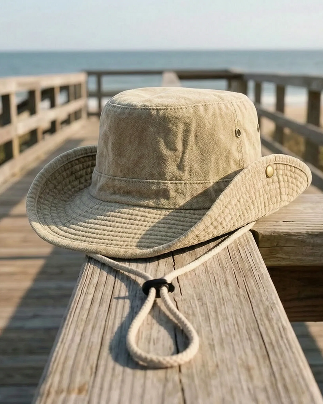 Kapelusz outdoorowy z szerokim rondem w kolorze khaki, wykonany z bawełny Prana, z regulowany 9