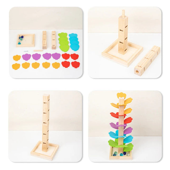 Kolorowy drewniany tor kulkowy w kształcie drzewa – zabawka edukacyjna dla maluchów od 2 lat z interaktywną układanką i kreatywnym rozwojem 4