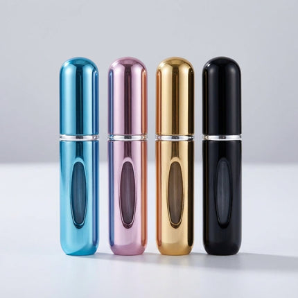 Kompaktowy zestaw 4 atomizerów do perfum z wymiennym wkładem + pompka odporna na wycieki + aluminiowe opakowanie do podróży + 5 ml każdy 0