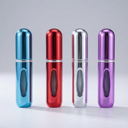Kompaktowy zestaw 4 atomizerów do perfum z wymiennym wkładem + pompka odporna na wycieki + aluminiowe opakowanie do podróży + 5 ml każdy 4