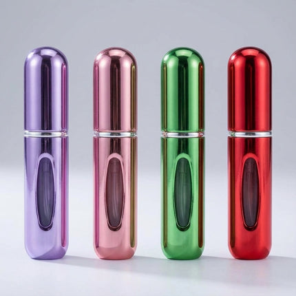 Kompaktowy zestaw 4 atomizerów do perfum z wymiennym wkładem + pompka odporna na wycieki + aluminiowe opakowanie do podróży + 5 ml każdy 5