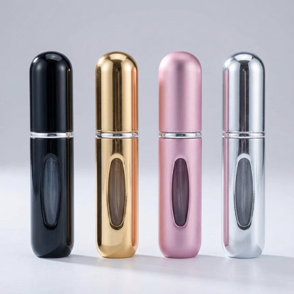 Kompaktowy zestaw 4 atomizerów do perfum z wymiennym wkładem + pompka odporna na wycieki + aluminiowe opakowanie do podróży + 5 ml każdy 6