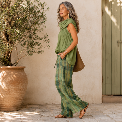 Komplet damski do noszenia w domu z luźną bluzką i szerokimi spodniami – naturalny styl boho 1