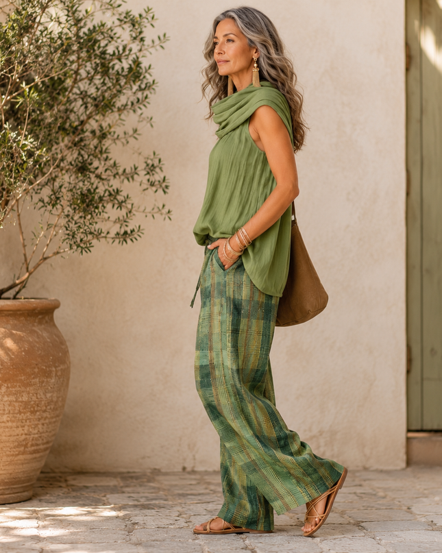 Komplet damski do noszenia w domu z luźną bluzką i szerokimi spodniami – naturalny styl boho 1