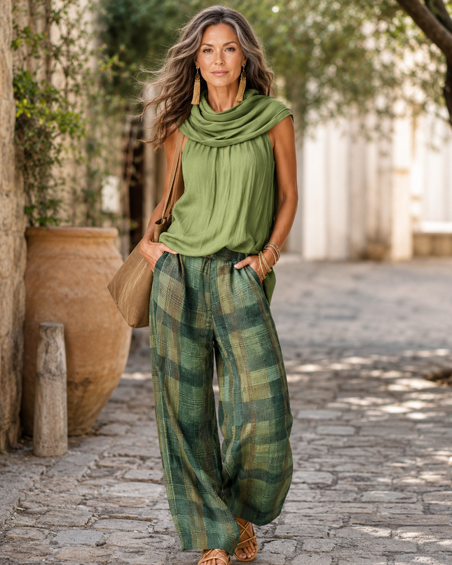 Komplet damski do noszenia w domu z luźną bluzką i szerokimi spodniami – naturalny styl boho 2