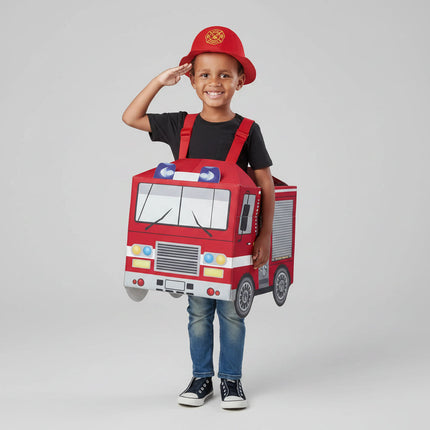 Kostium strażaka dla chłopców z kapturem w rozmiarach M i XL, idealny na Halloween i przebieranki 2