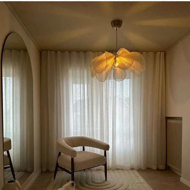 Lampa Kwiatowa Japandi – Elegancki Żyrandol Tekstylny z Przezroczystym Kloszem 5