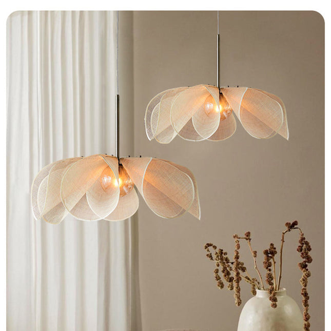 Lampa Kwiatowa Japandi – Elegancki Żyrandol Tekstylny z Przezroczystym Kloszem 7