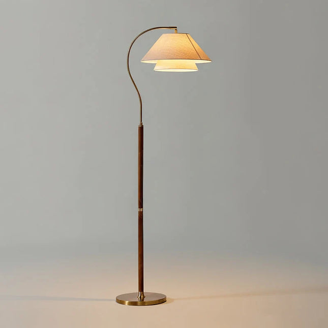 Lampa podłogowa z wielowarstwowymi abażurami, drewniana i metalowa konstrukcja, idealna do now 0