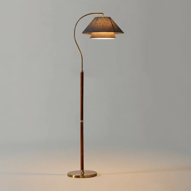 Lampa podłogowa z wielowarstwowymi abażurami, drewniana i metalowa konstrukcja, idealna do now 10
