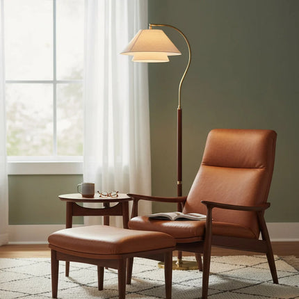 Lampa podłogowa z wielowarstwowymi abażurami, drewniana i metalowa konstrukcja, idealna do now 5