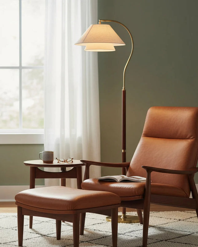 Lampa podłogowa z wielowarstwowymi abażurami, drewniana i metalowa konstrukcja, idealna do now 5