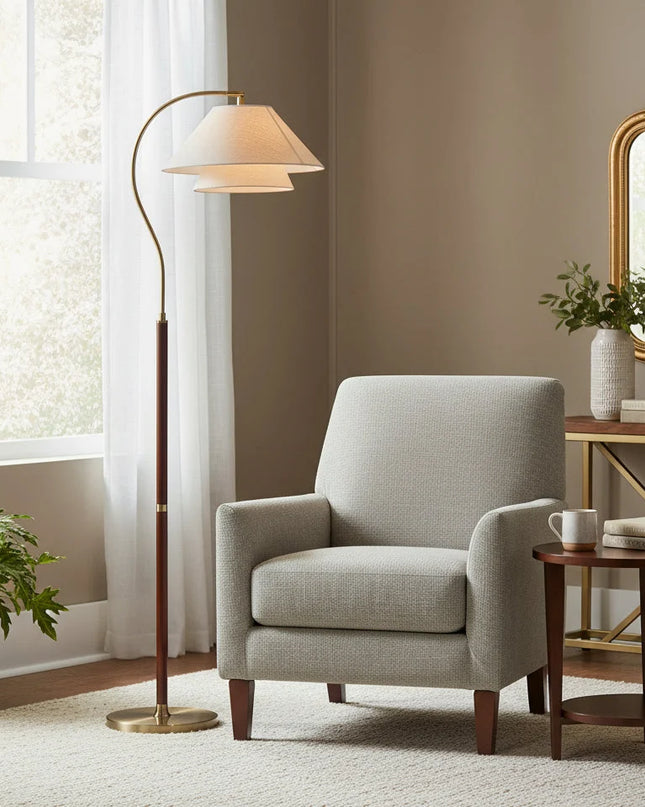 Lampa podłogowa z wielowarstwowymi abażurami, drewniana i metalowa konstrukcja, idealna do now 7