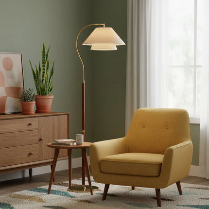 Lampa podłogowa z wielowarstwowymi abażurami, drewniana i metalowa konstrukcja, idealna do now 8