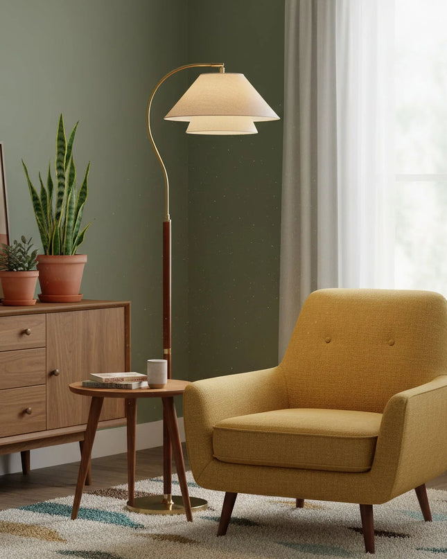 Lampa podłogowa z wielowarstwowymi abażurami, drewniana i metalowa konstrukcja, idealna do now 8