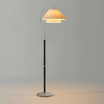 Lampa podłogowa z wielowarstwowymi abażurami, drewniana i metalowa konstrukcja, idealna do now 9