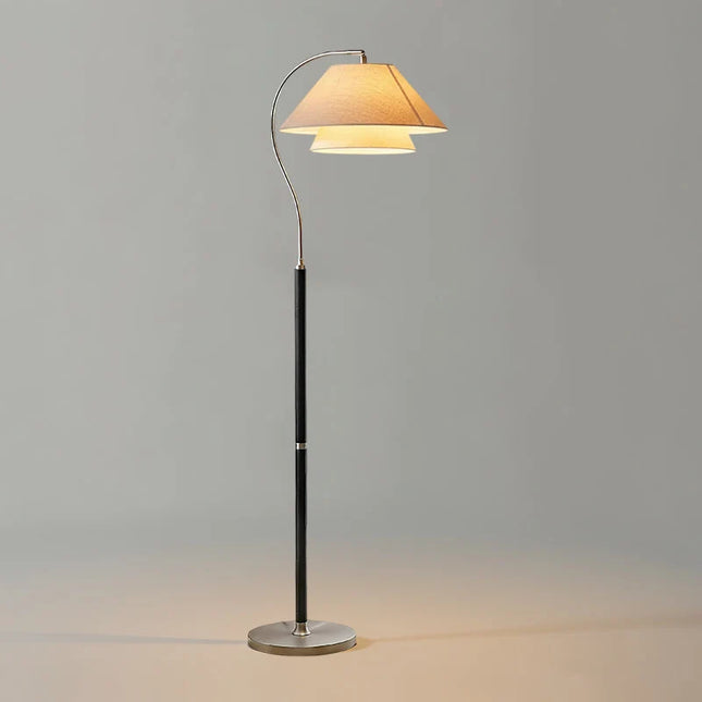 Lampa podłogowa z wielowarstwowymi abażurami, drewniana i metalowa konstrukcja, idealna do now 9