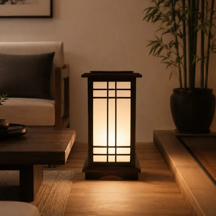 Lampa Shoji z ciepłym światłem i drewnianą ramą w japońskim stylu, idealna do dekoracji 0