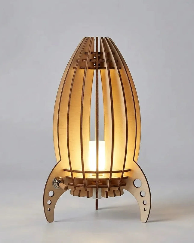Lampa stołowa rakietowa z ciepłym światłem, ręcznie wykonana z drewna bukowego, idealna do salonów 0