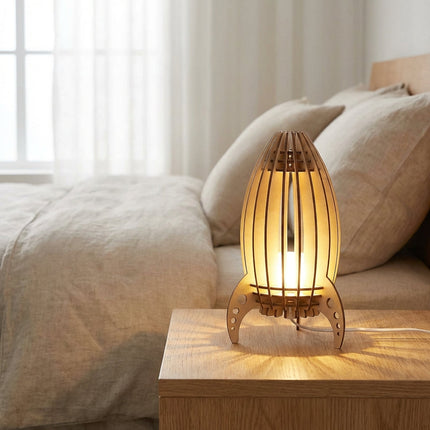 Lampa stołowa rakietowa z ciepłym światłem, ręcznie wykonana z drewna bukowego, idealna do salonów 1
