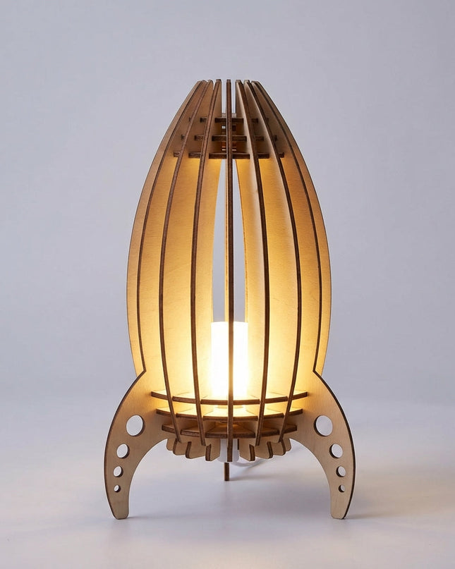 Lampa stołowa rakietowa z ciepłym światłem, ręcznie wykonana z drewna bukowego, idealna do salonów 2