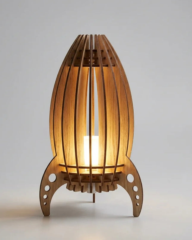 Lampa stołowa rakietowa z ciepłym światłem, ręcznie wykonana z drewna bukowego, idealna do salonów 4