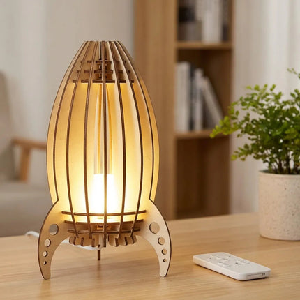 Lampa stołowa rakietowa z ciepłym światłem, ręcznie wykonana z drewna bukowego, idealna do salonów 5