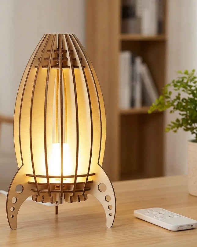Lampa stołowa rakietowa z ciepłym światłem, ręcznie wykonana z drewna bukowego, idealna do salonów 5