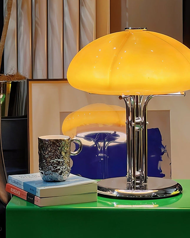 Lampa Stołowa Szklana Bauhaus z Bursztynowym Kloszem – Nowoczesne Lampy Stołowe do Salonów, Wysokość 55 cm 9