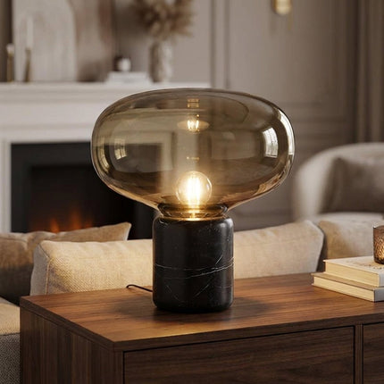 Lampa stołowa szklana z marmurową podstawą, postmodernistyczny design, ciepłe nastrojowe 1