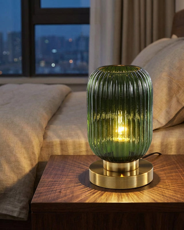 Lampa stołowa szklana z metalową podstawą LED w nowoczesnym designie, idealna do salonu i sypial 1