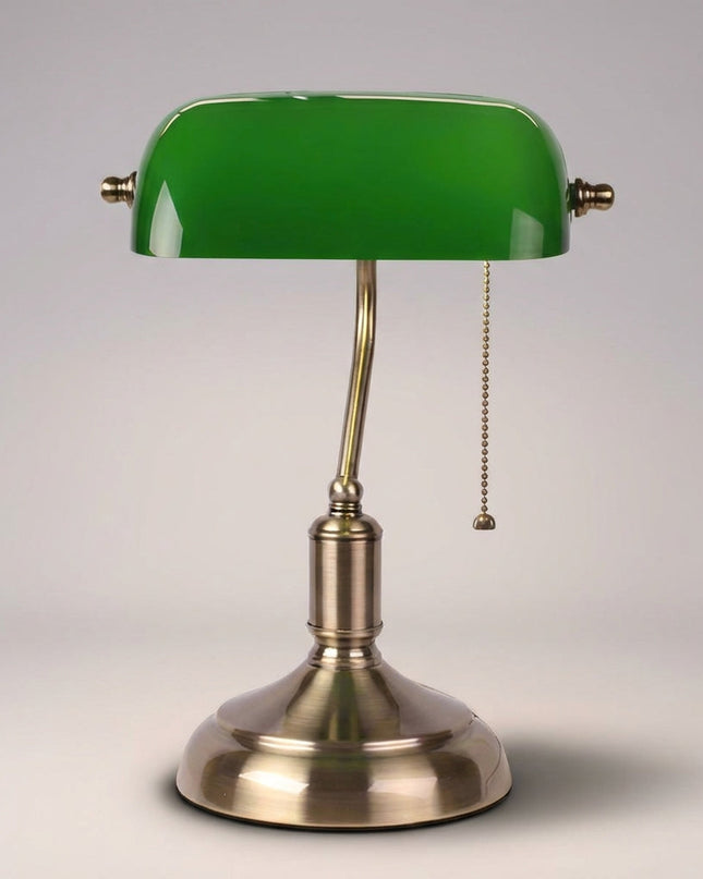 Lampa stołowa szklana z ręcznie wykonanym kloszem i polerowaną metalową podstawą, idealna do klasy 2