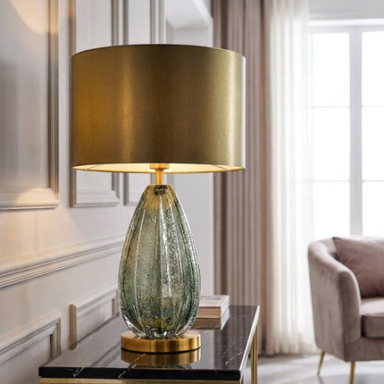 Lampa stołowa szklana z teksturowaną podstawą i miękkim abażurem w stylu skandynaw 0