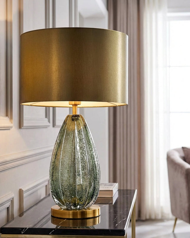 Lampa stołowa szklana z teksturowaną podstawą i miękkim abażurem w stylu skandynaw 0