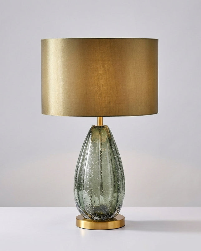 Lampa stołowa szklana z teksturowaną podstawą i miękkim abażurem w stylu skandynaw 1