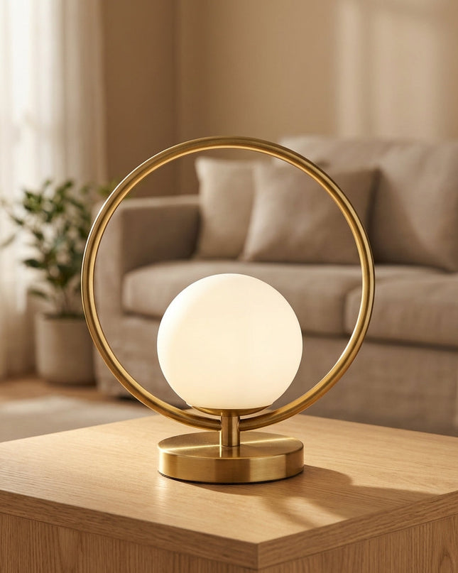 Lampa stołowa ściemniana z pierścieniem LED, szklana, nowoczesny design, regulowane światło, komp 1