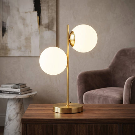 Lampa stołowa z matowego szkła, wyposażona w dwie żarówki, idealna do wnętrz w stylu sk 0