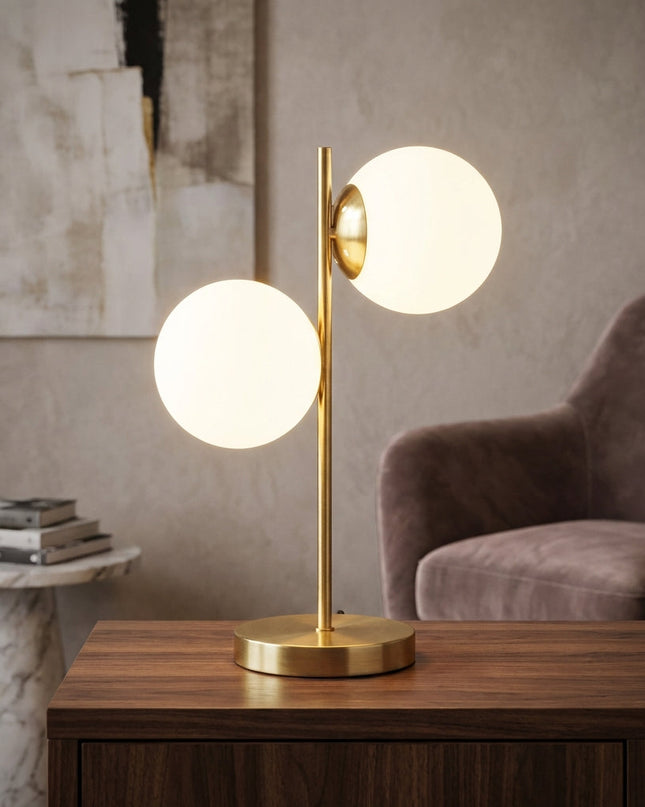 Lampa stołowa z matowego szkła, wyposażona w dwie żarówki, idealna do wnętrz w stylu sk 0