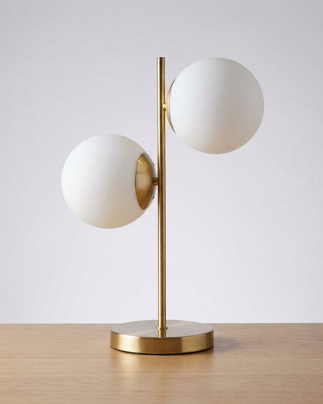 Lampa stołowa z matowego szkła, wyposażona w dwie żarówki, idealna do wnętrz w stylu sk 1